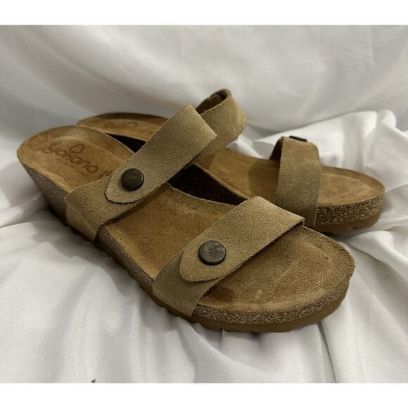Yokono Women’s Suede Brown Tan Leather Wedge Sandals Slip On Sz 8 Spain - Picture 1 of 6